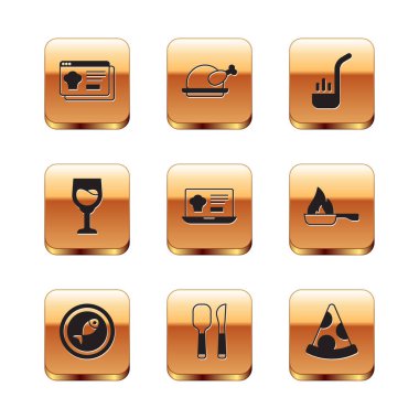 Çevrimiçi sipariş ve teslimat, servis edilen balık, bıçak kaşığı, şarap bardağı, mutfak kepçesi, pizza dilimi ve kızarmış hindi tavuk ikonu. Vektör