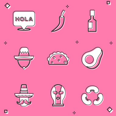 Hola, acı biber, acı biber sosu, Meksika sombrerosu, tortilla, avokado meyveli taco, erkek ve güreşçi ikonu. Vektör