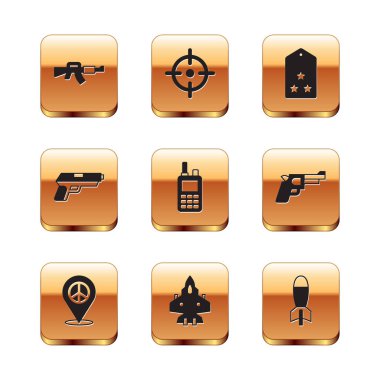 M16A1 tüfeği, konum barışı, savaş uçağı, telsiz, tabanca veya silah, askeri rütbe, roket fırlatıcı ve hedef spor ikonu ayarlayın. Vektör