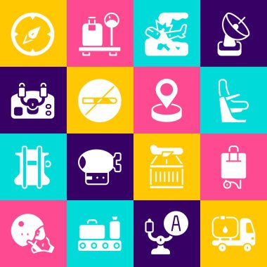 Yakıt tankeri, çanta, uçak koltuğu, uçak kazası, sigara içilmeyen uçak dümeni, pusula ve konum ikonu. Vektör