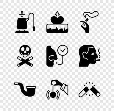 Nargile, kalp atışı artışı, sigara içen el, pipo yok, hipnoz yok, kırık, kemik kafatası ve sağlıklı nefes ikonu. Vektör