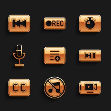 Çalma listesine Ekle, Hoparlör sessiz, Çevrimiçi video, Duraklat düğmesi, Altyazılar, Mikrofon, Kronometre ve Geri Al simgesine ekle. Vektör