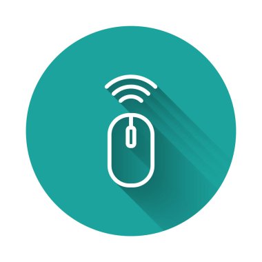 Beyaz çizgi kablosuz bilgisayar fare sistemi simgesi uzun gölgeli izole edildi. İnternet kavramının kablosuz bağlantısı. Yeşil daire düğmesi. Vektör.