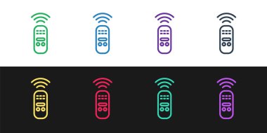 Satır Akıllı uzaktan kontrol sistemi simgesini siyah ve beyaz arkaplanda izole et. İnternet kavramının kablosuz bağlantısı. Vektör.