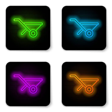 Parlayan neon hattı Wheelbarrow simgesi beyaz arkaplanda izole edildi. Alet edevat. Tarım arabası tekerlek çiftliği. Siyah kare düğme. Vektör.