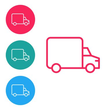 Isometric Teslimat kargo aracı ikonu turuncu arka planda izole edildi. Gümüş kare düğme. Vektör.