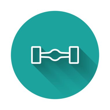 Beyaz çizgi Chassis araba ikonu uzun gölgeli izole edilmiş. Yeşil daire düğmesi. Vektör.
