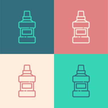 Popüler sanat eseri ağız gargargarası plastik şişe ve cam ikon renkli arka planda izole edilmiş. Ağzını çalkalamak için sıvı. Ağız bakım ekipmanları. Vektör.