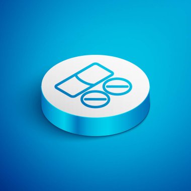 Diş ağrısı kesici tablet ikonu mavi arka planda izole edilmiş. Diş bakımı ilacı. Kapsül hapı ve ilaç. Eczane tasarımı. Beyaz daire düğmesi. Vektör.