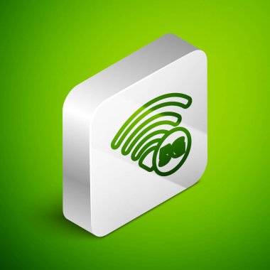 Isometric hattı 5G yeni kablosuz internet kablosuz bağlantı simgesi yeşil arkaplanda izole edildi. Küresel ağ yüksek hızlı bağlantı veri oranı teknolojisi. Gümüş kare düğme. Vektör.