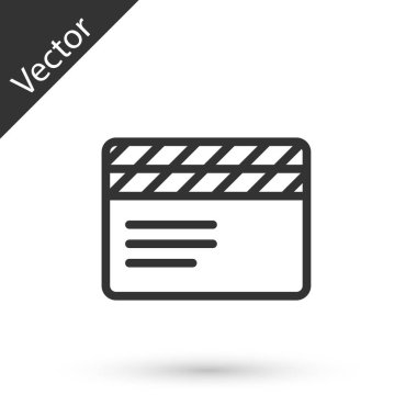 Gri çizgi film alkışlama simgesi beyaz arkaplanda izole edildi. Film alkışlama tahtası. Alkış tahtası işareti. Sinema yapımı ya da medya endüstrisi. Vektör.