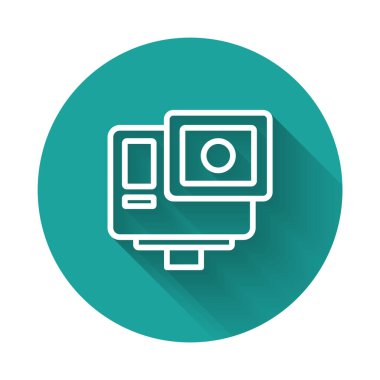Beyaz çizgi Eylem ekstrem kamera simgesi uzun gölgeli izole edildi. Ekstrem sporları çekmek için video kamera ekipmanı. Yeşil daire düğmesi. Vektör.
