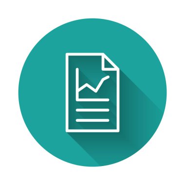 Grafik çizelgesi simgesine sahip beyaz çizgi belgesi uzun gölgede izole edildi. Metin dosya simgesini rapor et. Muhasebe tabelası. Denetim, analiz, planlama. Yeşil daire düğmesi. Vektör.