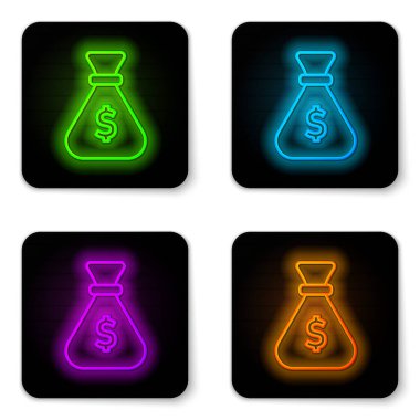 Parlayan neon hattı Para Çantası simgesi beyaz arkaplanda izole edildi. Dolar ya da USD sembolü. Nakit bankacılık tabelası. Siyah kare düğme. Vektör.