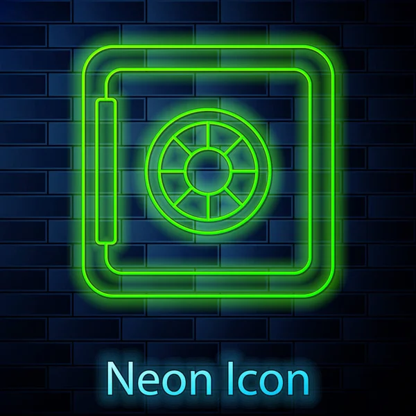 Zářící Neonová Čára Bezpečná Ikona Izolovaná Pozadí Cihlové Stěny Dveře — Stockový vektor