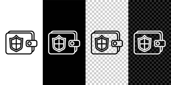 Set Line Wallet Money Shield Icon Isolated Black White Background — Stock Vector