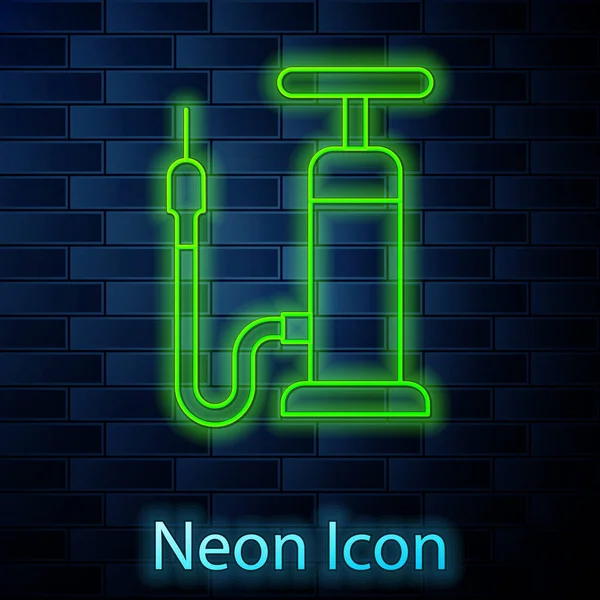 Glödande Neon Linje Cykel Luftpump Ikon Isolerad Tegel Vägg Bakgrund — Stock vektor