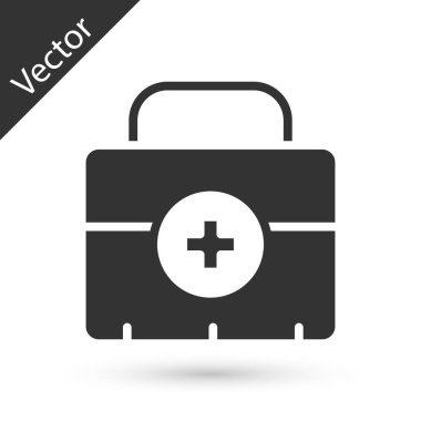 Gri ilk yardım çantası simgesi beyaz arkaplanda izole edildi. Haçlı sağlık kutusu. Acil durumlar için tıbbi ekipman. Sağlık sigortası konsepti. Vektör