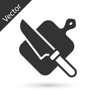 Beyaz arka planda gri kesme tahtası ve bıçak ikonu var. Kesme tahtası sembolü. Çatal bıçak sembolü. Vektör