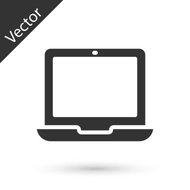 Gri dizüstü bilgisayar simgesi beyaz arkaplanda izole edildi. Boş ekran işaretli bilgisayar defteri. Vektör