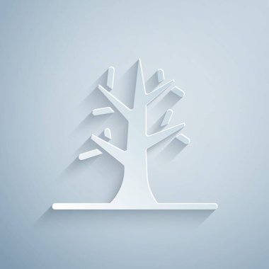 Kağıt kesiği. Gri arkaplanda çıplak ağaç simgesi var. Kağıt sanatı tarzı. Vektör