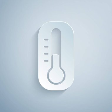 Kağıt kesiği Meteoroloji termometresi gri arkaplanda izole edilmiş ikon ölçümü. Termometre termometresi sıcak ya da soğuk hava gösteriyor. Kağıt sanatı tarzı. Vektör