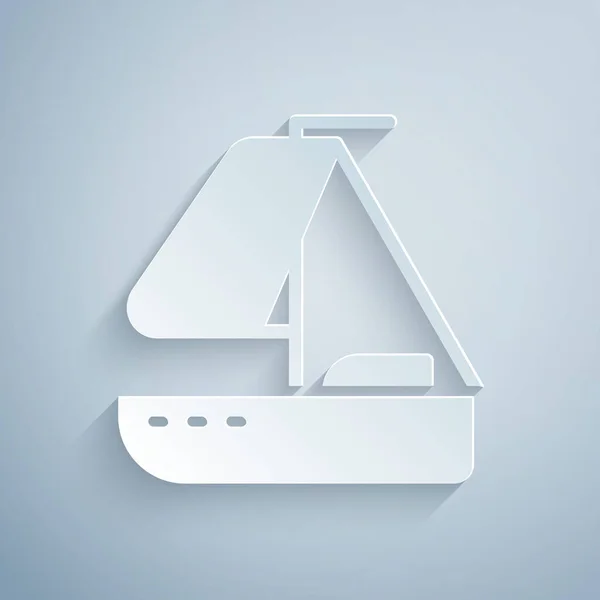 Paper Cut Yacht Sailboat Sailing Ship Icon Isolated Grey Background — Stock Vector