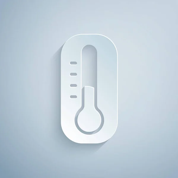 紙カット灰色の背景に隔離された気象温度計のアイコンを測定します 高温または低温を示す温度計機器 紙のアートスタイル ベクトル — ストックベクタ