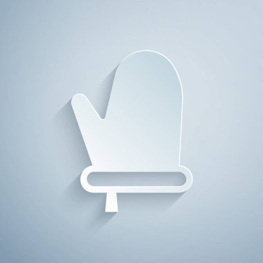 Kağıt kesiği fırın eldiveni simgesi gri arkaplanda izole edilmiş. Mutfak tutacağı işareti. Yemek eldiveni. Kağıt sanatı tarzı. Vektör