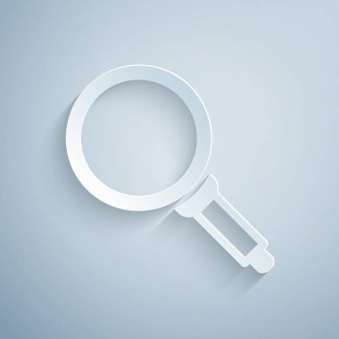 Kağıt kesiği tava simgesi gri arkaplanda izole edilmiş. Kızartma veya kızartma gıda sembolü. Kağıt sanatı tarzı. Vektör