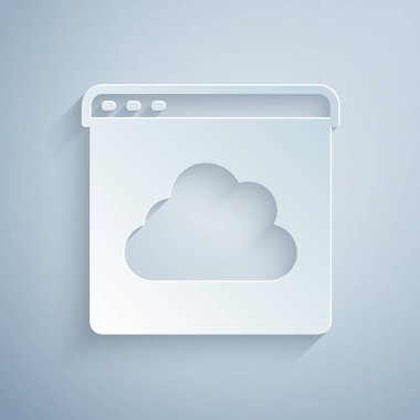 Kağıt kesiği Bulut teknolojisi veri transferi ve gri arkaplanda izole edilmiş depolama simgesi. Kağıt sanatı tarzı. Vektör