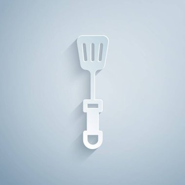 Kağıt kesiği Spatula simgesi gri arkaplanda izole edildi. Mutfak spatula ikonu. Barbekü spatula işareti. Barbekü ve ızgara aleti. Kağıt sanatı tarzı. Vektör