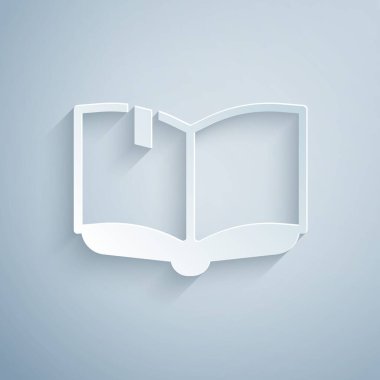 Kağıt kesiği Açık kitap simgesi gri arkaplanda izole edildi. Kağıt sanatı tarzı. Vektör