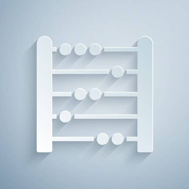 Kağıt kesiği Abaküs simgesi gri arkaplanda izole edilmiş. Geleneksel sayım çerçevesi. Eğitim işareti. Matematik okulu. Kağıt sanatı tarzı. Vektör