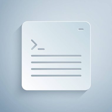 Kağıt kesim Yazılım, web geliştirici programlama kodu simgesi gri arkaplanda izole edildi. Program kodunun rastgele bilgisayar betiği parçalarını Javascript et. Kağıt sanatı tarzı. Vektör