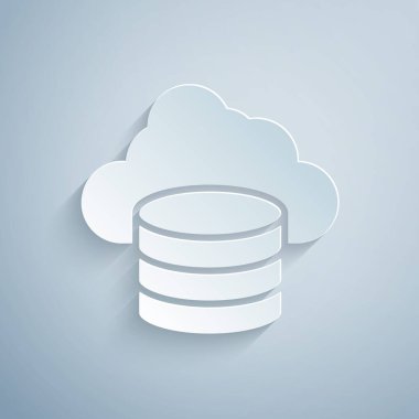 Kağıt kesiği Bulut veritabanı simgesi gri arkaplanda izole edildi. Bulut hesaplama konsepti. Veri aktarımlı dijital servis ya da uygulama. Kağıt sanatı tarzı. Vektör