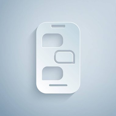 Gri arkaplanda izole edilmiş telefon simgesindeki Yeni sohbet mesajları bildirimi. Smartphone sohbet mesajları konuşma baloncukları. Kağıt sanatı tarzı. Vektör