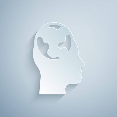 Kağıt, gri arkaplanda izole edilmiş yabancı dil öğrenme simgesi kesti. Çeviri, dil tercümanı ve iletişim. Kağıt sanatı tarzı. Vektör