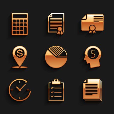 Pasta grafiği bilgisini ayarla, listeli pano, döküman, iş adamı zihni, saat oku ve nakit lokasyon simgesi. Vektör