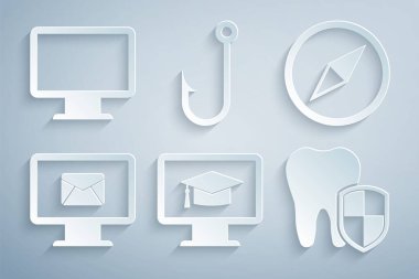 Mezuniyet şapkası, rüzgar gülü ve zarf, diş koruması, olta kancası ve bilgisayar ekranı simgesi ile monitörü ayarla. Vektör
