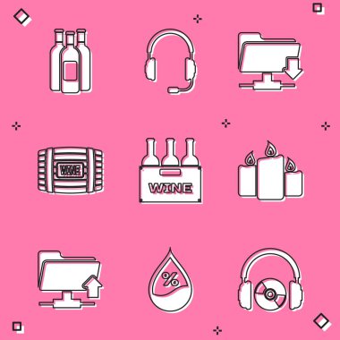 Şarap şişeleri, mikrofonlu kulaklıklar, FTP klasör indirme, tahta fıçı, kutu ve yanan mum ikonu. Vektör