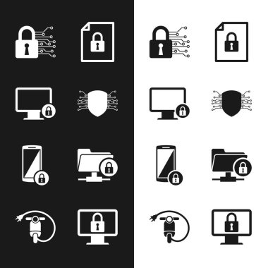 Siber güvenliği ayarlayın, monitöre kilitlenin, Belge ve kilit, Akıllı Telefon ve FTP dizin simgesi. Vektör
