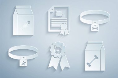 Köpek ödül sembolü, tasma, evcil hayvan için yiyecek çantası, sertifikalı kedi ve ikon. Vektör