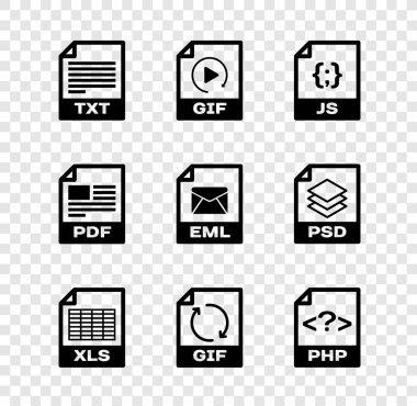 TXT dosya belgesini, GIF, JS, XLS ve PHP simgesini ayarla. Vektör