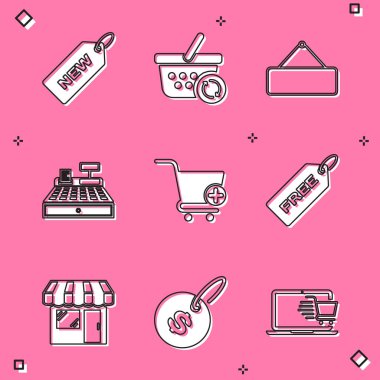 Fiyat etiketini yeni, yenilenmiş alışveriş sepeti, tabela asma, yazar kasa makinesi, alışveriş arabasına ekle, Free, Market ve dolar ikonu ile ayarla. Vektör