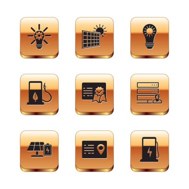 Ampulü teçhizatlı, güneş enerjisi paneli ve bataryalı, adres defteri, sertifika şablonu, biyoyakıt enjektörü, elektrikli araba şarj istasyonu ve güneş ikonu ile ayarla. Vektör