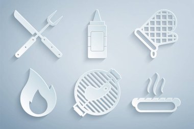 Biftek, fırın eldiveni, ateş alevi, Hotdog sandviçi, hardal şişesi ve çapraz çatal bıçak ikonuyla ızgara yap. Vektör