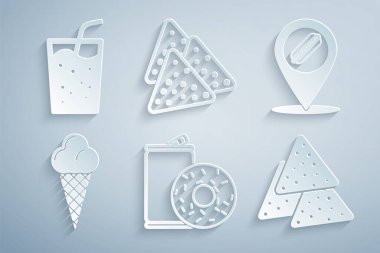 Alüminyum kutu soda ve donut, sosisli sandviç, dondurma külahı, nachos ve cam su ikonu. Vektör