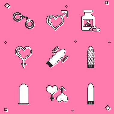 Set Sexy fluffy handcuffs, Male gender heart, Bottle with pills for potency, Female, Dildo vibrator sex games, Condom safe and female icon. Vector