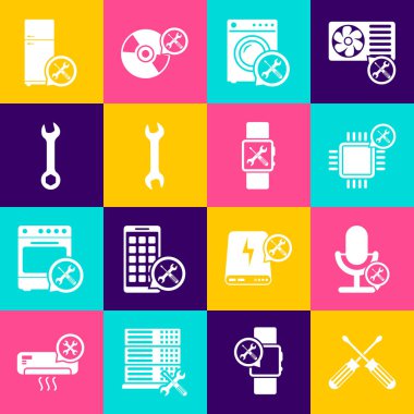 Crossed tornavida, mikrofon servisi, işlemci, çamaşır makinesi, anahtarlık, buzdolabı ve Smartwatch simgesini ayarla. Vektör